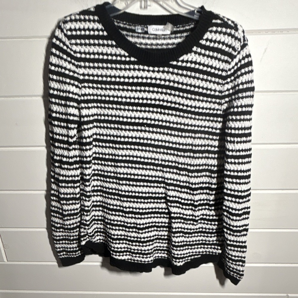 Calvin Klein Black White Striped Cotton Knit Pullover Sweater M Long Sleeve